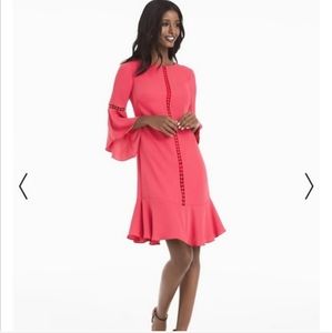 White House Black Market Drama Flare Bell Sleeve Embroidered Ruffle Sheath Dress